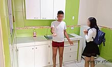 Hairless college girl begs for fuck with her stepsister in kitchen